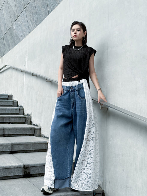 Lace Contrast Wide Denim Pants